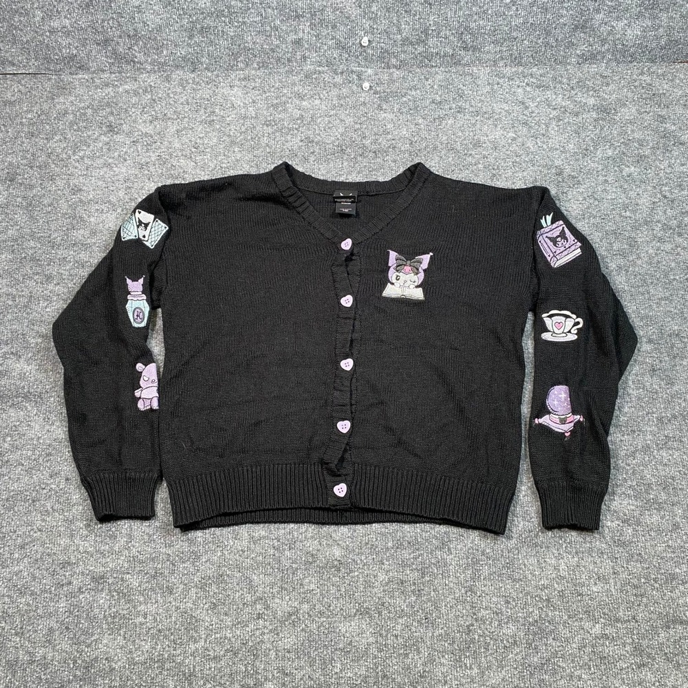 Sanrio Kuromi Embroidered Cardigan Black Heart Button Sweater V-Neck Medium